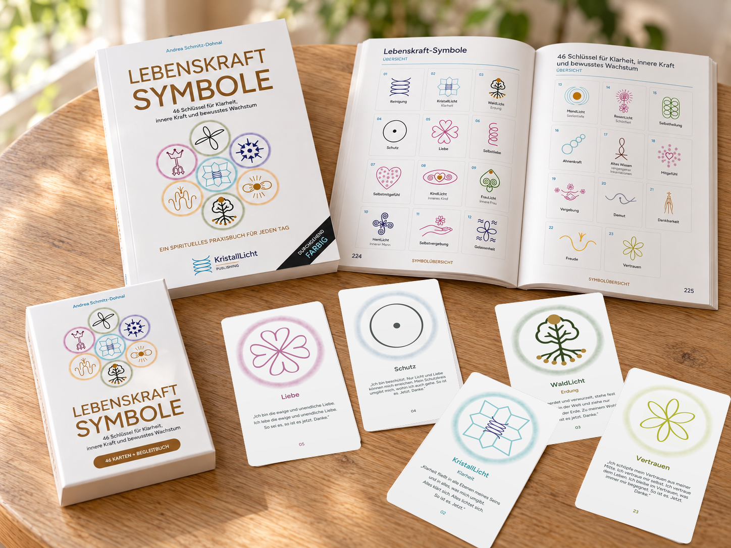 Lebenskraft-Symbole: Praxisbuch und Kartenset nebeneinander